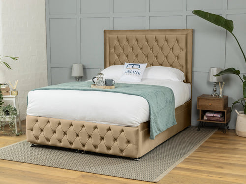 Lawrence Button-Tufted Ottoman End Lift Storage Bed Set with Floor Standing Headboard & Footboard