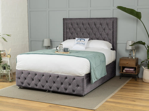 Lawrence Button-Tufted Ottoman End Lift Storage Bed Set with Floor Standing Headboard & Footboard