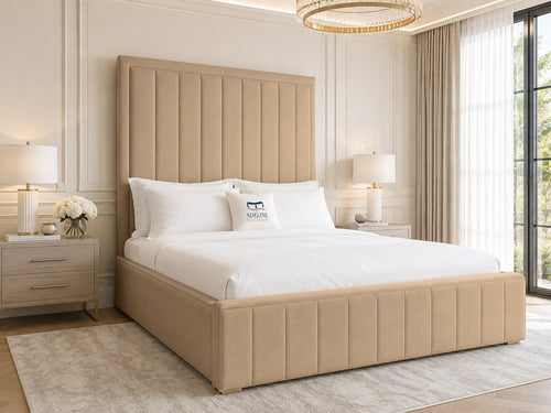Linton Slim Channel Upholstered Bed Set with Floor Standing Headboard, Footboard & Storage Upgrade Option