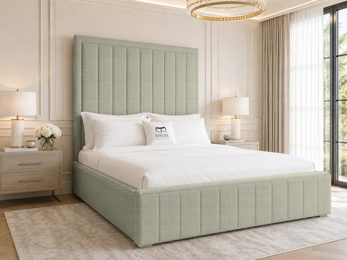 Linton Slim Channel Upholstered Bed Set with Floor Standing Headboard, Footboard & Storage Upgrade Option