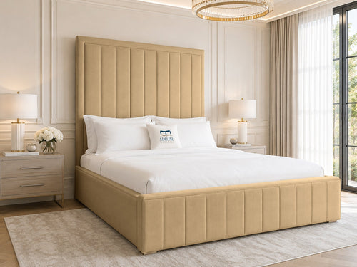 Linton Slim Channel Upholstered Bed Set with Floor Standing Headboard, Footboard & Storage Upgrade Option