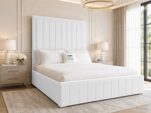 Linton Slim Channel Upholstered Bed Set with Floor Standing Headboard, Footboard & Storage Upgrade Option