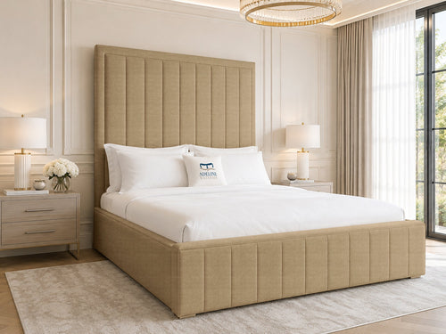 Linton Slim Channel Upholstered Bed Set with Floor Standing Headboard, Footboard & Storage Upgrade Option