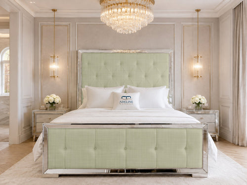 Lumiere Mirror Tufted Upholstered Bed Set with Floor Standing Headboard, Footboard & Storage Upgrade Option