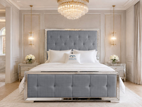Lumiere Mirror Tufted Upholstered Bed Set with Floor Standing Headboard, Footboard & Storage Upgrade Option