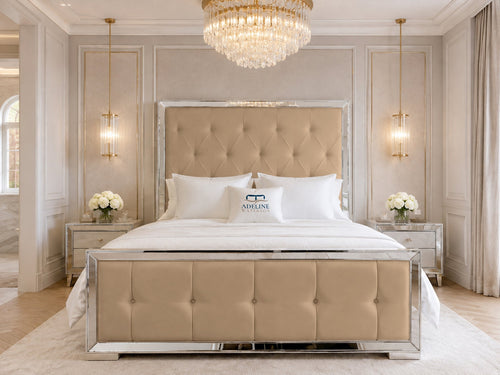 Lumiere Mirror Tufted Upholstered Bed Set with Floor Standing Headboard, Footboard & Storage Upgrade Option