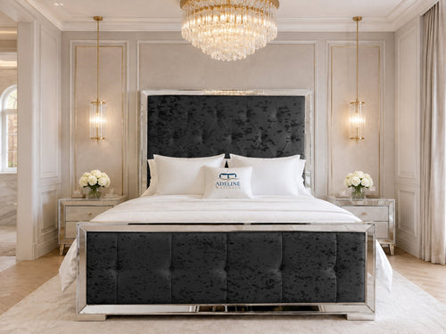 Lumiere Mirror Tufted Upholstered Bed Set with Floor Standing Headboard, Footboard & Storage Upgrade Option