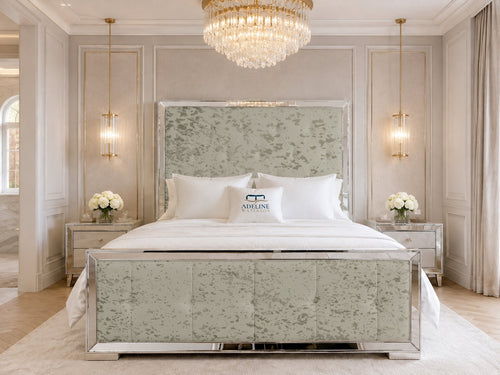 Lumiere Mirror Tufted Upholstered Bed Set with Floor Standing Headboard, Footboard & Storage Upgrade Option
