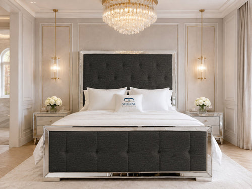 Lumiere Mirror Tufted Upholstered Bed Set with Floor Standing Headboard, Footboard & Storage Upgrade Option