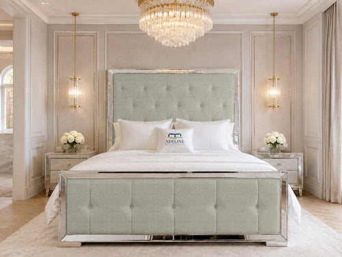 Lumiere Mirror Tufted Upholstered Bed Set with Floor Standing Headboard, Footboard & Storage Upgrade Option