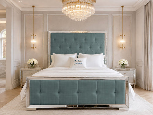 Lumiere Mirror Tufted Upholstered Bed Set with Floor Standing Headboard, Footboard & Storage Upgrade Option