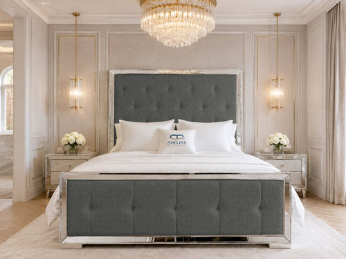 Lumiere Mirror Tufted Upholstered Bed Set with Floor Standing Headboard, Footboard & Storage Upgrade Option