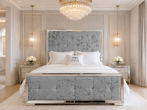 Lumiere Mirror Tufted Upholstered Bed Set with Floor Standing Headboard, Footboard & Storage Upgrade Option