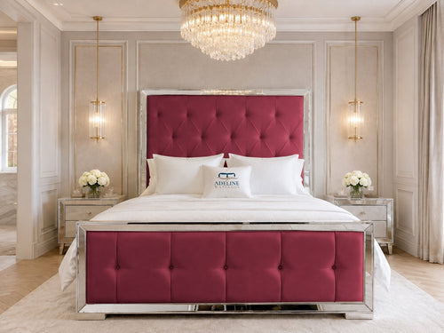 Lumiere Mirror Tufted Upholstered Bed Set with Floor Standing Headboard, Footboard & Storage Upgrade Option