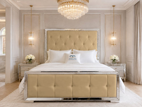Lumiere Mirror Tufted Upholstered Bed Set with Floor Standing Headboard, Footboard & Storage Upgrade Option