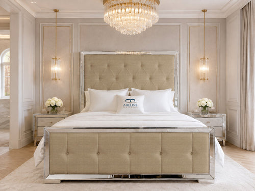 Lumiere Mirror Tufted Upholstered Bed Set with Floor Standing Headboard, Footboard & Storage Upgrade Option