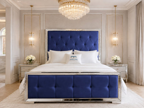 Lumiere Mirror Tufted Upholstered Bed Set with Floor Standing Headboard, Footboard & Storage Upgrade Option