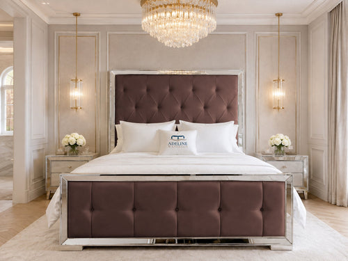 Lumiere Mirror Tufted Upholstered Bed Set with Floor Standing Headboard, Footboard & Storage Upgrade Option