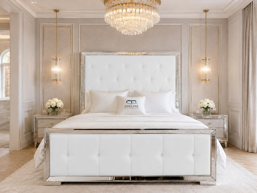 Lumiere Mirror Tufted Upholstered Bed Set with Floor Standing Headboard, Footboard & Storage Upgrade Option