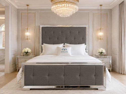 Lumiere Mirror Tufted Upholstered Bed Set with Floor Standing Headboard, Footboard & Storage Upgrade Option