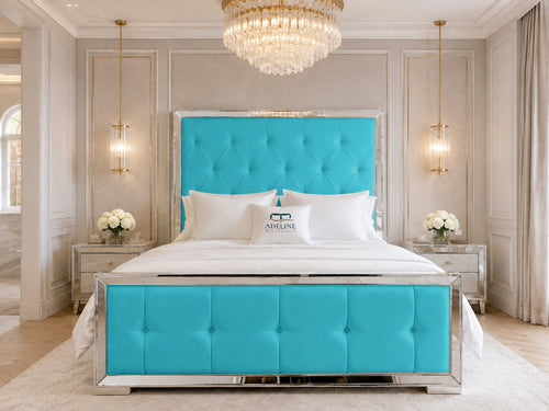 Lumiere Mirror Tufted Upholstered Bed Set with Floor Standing Headboard, Footboard & Storage Upgrade Option