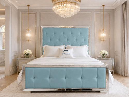 Lumiere Mirror Tufted Upholstered Bed Set with Floor Standing Headboard, Footboard & Storage Upgrade Option