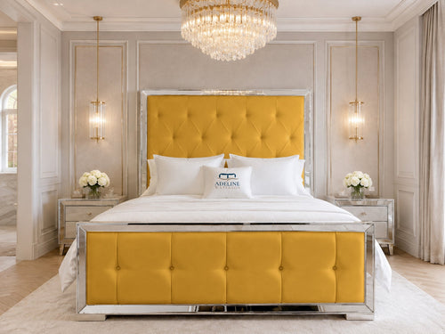 Lumiere Mirror Tufted Upholstered Bed Set with Floor Standing Headboard, Footboard & Storage Upgrade Option