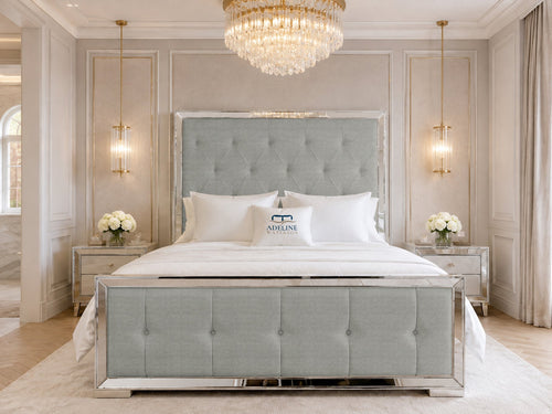 Lumiere Mirror Tufted Upholstered Bed Set with Floor Standing Headboard, Footboard & Storage Upgrade Option