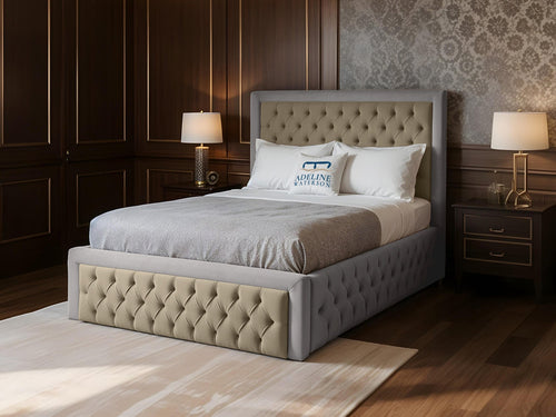 Majestic Button-Tufted Two-Tone Fabric Bed Set with Floor Standing Headboard, Footboard & Storage Upgrade Option