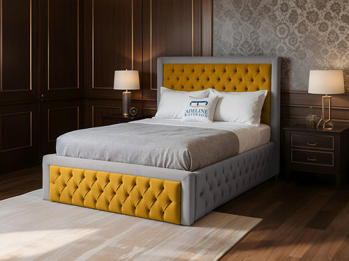 Majestic Button-Tufted Two-Tone Fabric Bed Set with Floor Standing Headboard, Footboard & Storage Upgrade Option