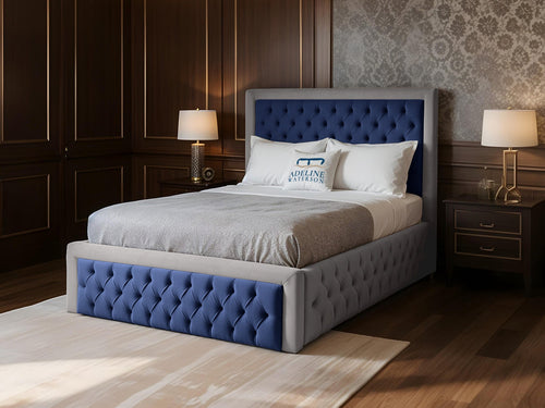 Majestic Button-Tufted Two-Tone Fabric Bed Set with Floor Standing Headboard, Footboard & Storage Upgrade Option