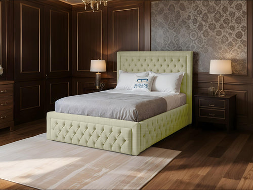 Majestic Button-Tufted Wingback Upholstered Bed Set with Floor Standing Headboard, Footboard & Storage Upgrade Option