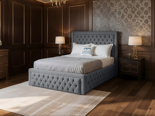 Majestic Button-Tufted Wingback Upholstered Bed Set with Floor Standing Headboard, Footboard & Storage Upgrade Option