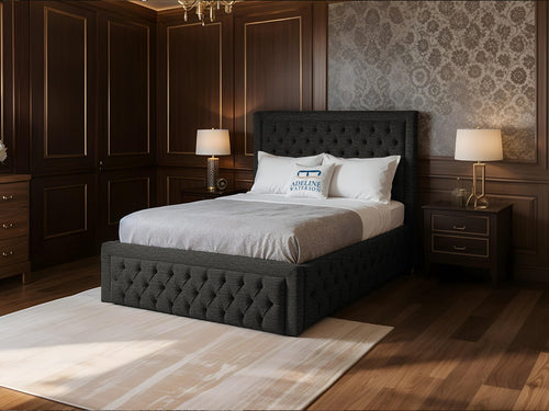 Majestic Button-Tufted Wingback Upholstered Bed Set with Floor Standing Headboard, Footboard & Storage Upgrade Option