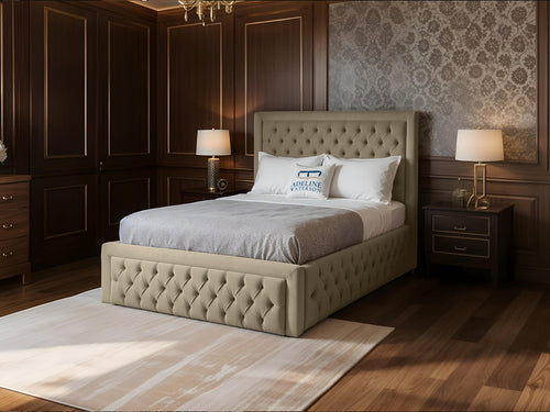 Majestic Button-Tufted Wingback Upholstered Bed Set with Floor Standing Headboard, Footboard & Storage Upgrade Option