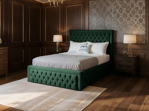 Majestic Button-Tufted Wingback Upholstered Bed Set with Floor Standing Headboard, Footboard & Storage Upgrade Option