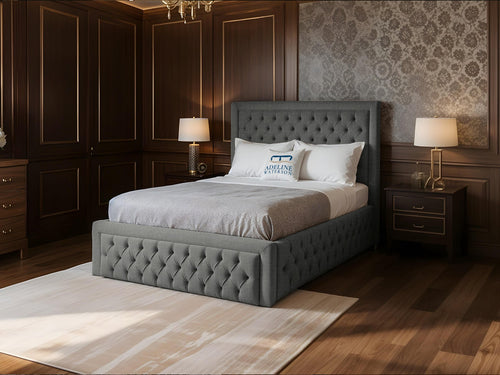 Majestic Button-Tufted Wingback Upholstered Bed Set with Floor Standing Headboard, Footboard & Storage Upgrade Option