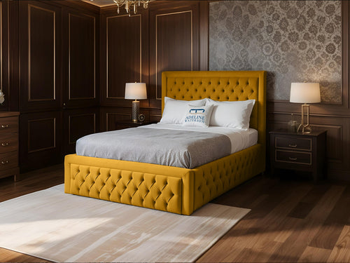 Majestic Button-Tufted Wingback Upholstered Bed Set with Floor Standing Headboard, Footboard & Storage Upgrade Option