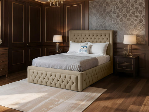 Majestic Button-Tufted Wingback Upholstered Bed Set with Floor Standing Headboard, Footboard & Storage Upgrade Option