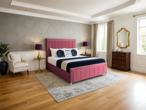 Hamilton Vertical Channel Upholstered Bed Set with Floor Standing Headboard, Footboard & Storage Upgrade Option
