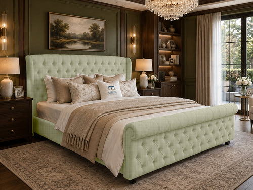 Marquis Wing Chesterfield Sleigh Upholstered Bed Set with Floor Standing Headboard, Footboard & Storage Upgrade Option