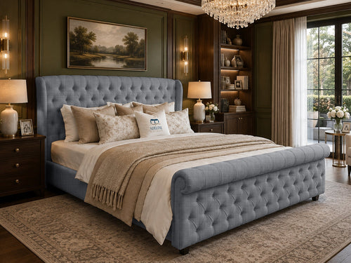 Marquis Wing Chesterfield Sleigh Upholstered Bed Set with Floor Standing Headboard, Footboard & Storage Upgrade Option