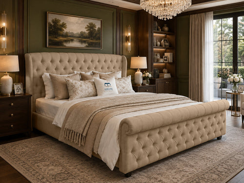Marquis Wing Chesterfield Sleigh Upholstered Bed Set with Floor Standing Headboard, Footboard & Storage Upgrade Option