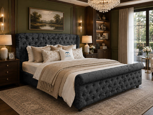 Marquis Wing Chesterfield Sleigh Upholstered Bed Set with Floor Standing Headboard, Footboard & Storage Upgrade Option