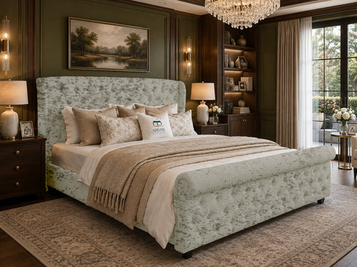 Marquis Wing Chesterfield Sleigh Upholstered Bed Set with Floor Standing Headboard, Footboard & Storage Upgrade Option
