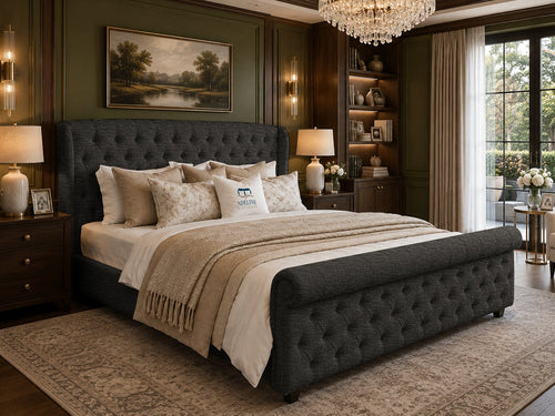 Marquis Wing Chesterfield Sleigh Upholstered Bed Set with Floor Standing Headboard, Footboard & Storage Upgrade Option