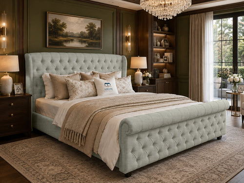 Marquis Wing Chesterfield Sleigh Upholstered Bed Set with Floor Standing Headboard, Footboard & Storage Upgrade Option