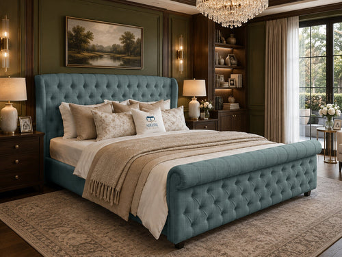 Marquis Wing Chesterfield Sleigh Upholstered Bed Set with Floor Standing Headboard, Footboard & Storage Upgrade Option