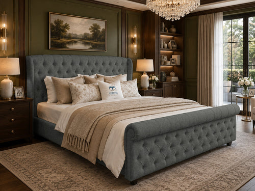 Marquis Wing Chesterfield Sleigh Upholstered Bed Set with Floor Standing Headboard, Footboard & Storage Upgrade Option