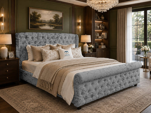 Marquis Wing Chesterfield Sleigh Upholstered Bed Set with Floor Standing Headboard, Footboard & Storage Upgrade Option